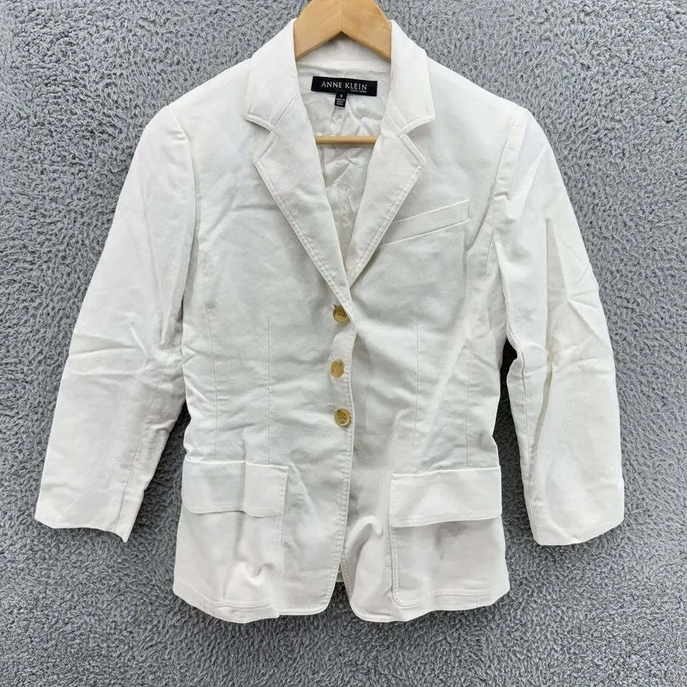 Anne Klein NY Size 4 White Peacoat Double Breasted 4‎ Button Pocket Jacket READ